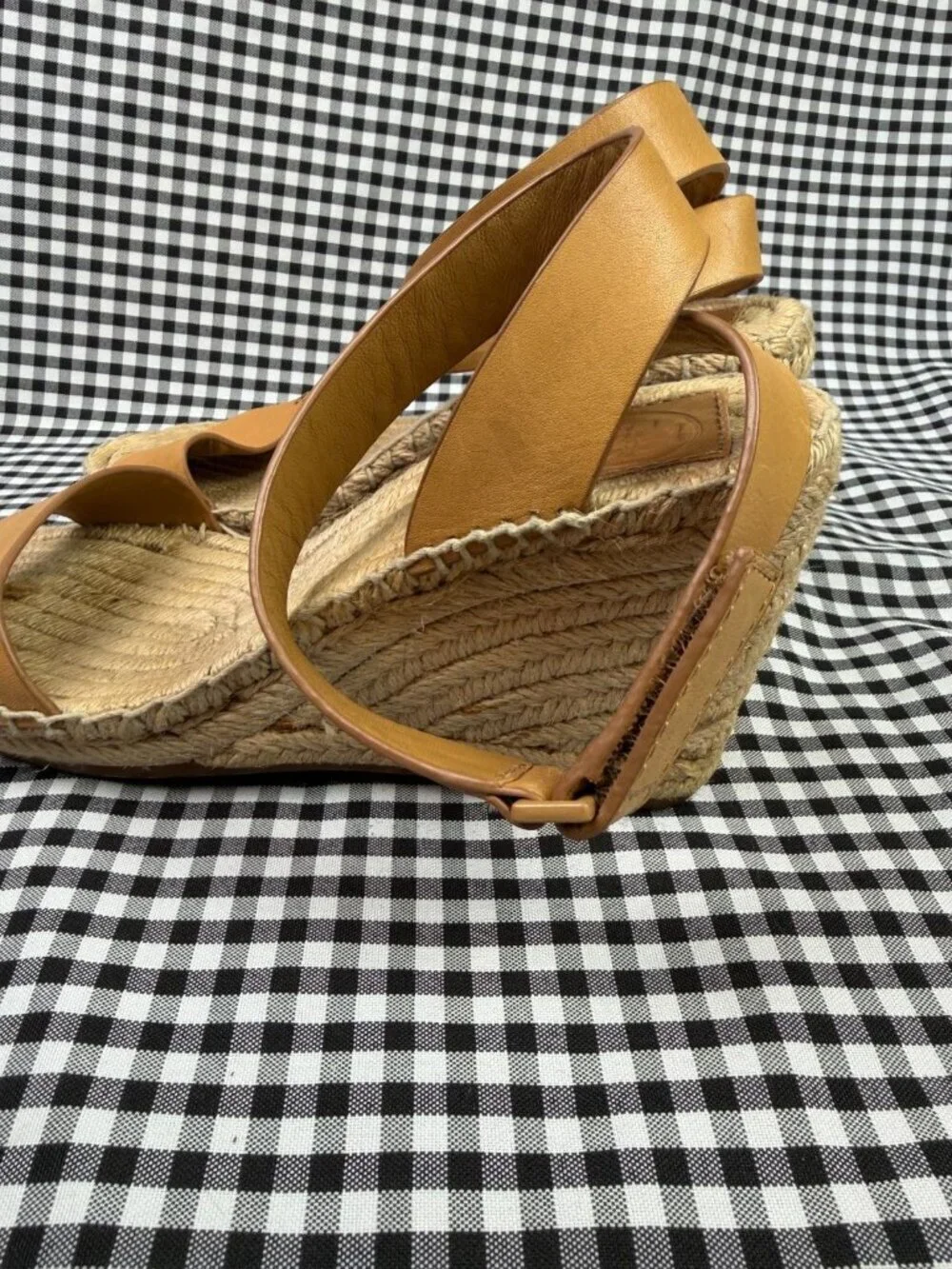 Tory Burch Bima Espadrille Wedge Sandals Tan Leather Ankle Strap Size 6.5